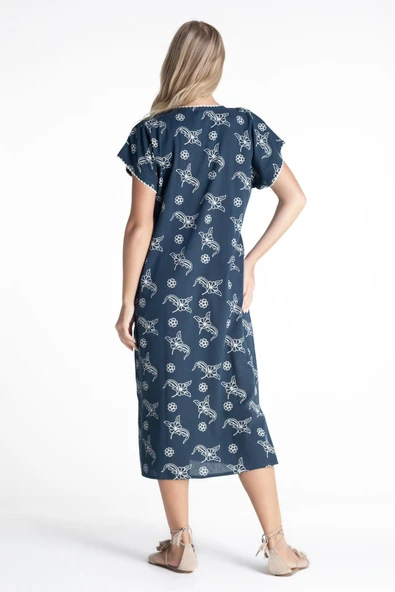 Kısa Kol Şile Bezi Baskılı Midi Boy Yazlık Elbise Serpme Desen Petrol Ptrl - Resim 2