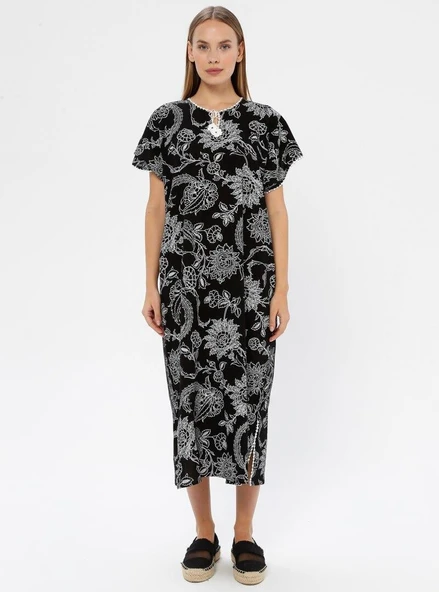 Kısa Kol Şile Bezi Baskılı Uzun Yazlık Elbise Çınar Desen Siyah Syh XL Siyah - Resim 8