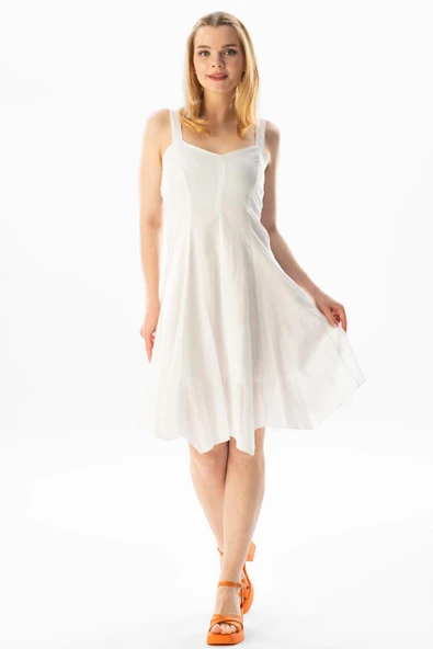 Kolsuz Vual Emel Kısa Yazlık Elbise Beyaz Byz - Resim 4