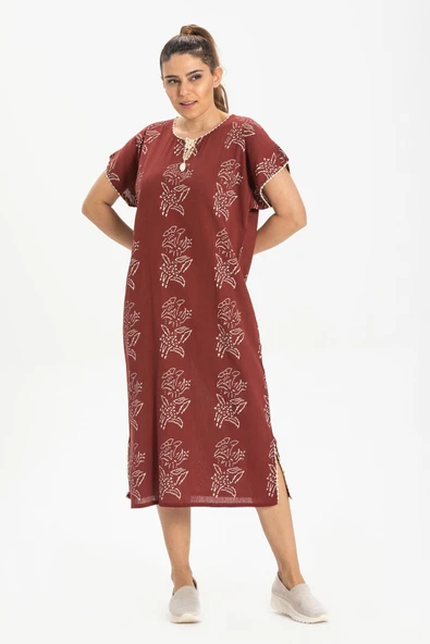 Kısa Kol Şile Bezi Baskılı Zambak Desen Midi Boy Yazlık Elbise Bordo Brd XL Bordo - 1