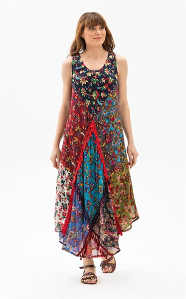 Kolsuz Vual Peçvörk Uzun Yazlık Otantik Elbise Lacivert Lcvt XL Lacivert - Resim 3