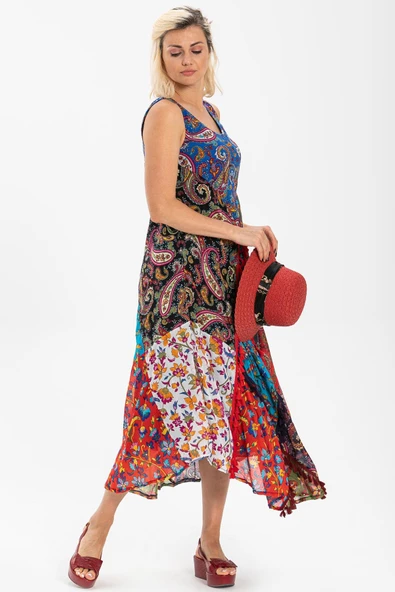 Kolsuz Vual Peçvörk Uzun Yazlık Otantik Elbise Saks Sks XL Turkuaz - Resim 4