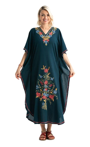 Kısa Kol Şile Bezi Tibet Uzun Yazlık Otantik Elbise Petrol Ptrl M Petrol - Resim 6