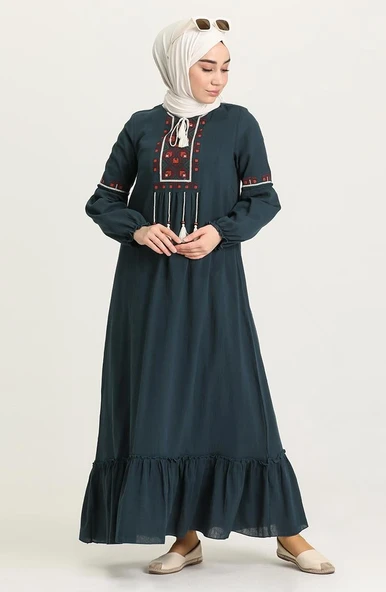 Uzun Kol Şile Bezi Seher Uzun Tesettür Elbise Petrol Ptrl - Resim 6