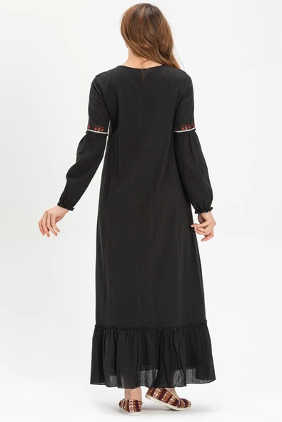 Uzun Kol Şile Bezi Seher Uzun Tesettür Elbise Siyah Syh - Resim 2