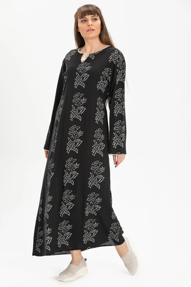 Uzun Kol Şile Bezi Baskılı Uzun Zambak Desen Yazlık Elbise Siyah Syh L Siyah - Resim 4