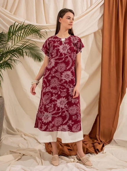 Kısa Kol Şile Bezi Baskılı Uzun Yazlık Elbise Çınar Desen Bordo Brd XL Bordo - Resim 11