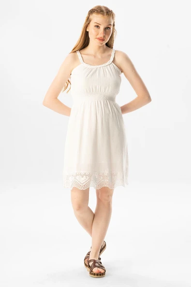 Askılı Şile Bezi Örgülü Mini Yazlık Elbise Beyaz Byz L Beyaz ürün görseli