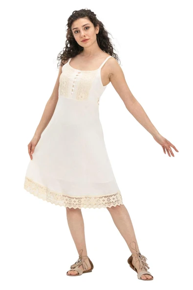 Askılı Şile Bezi Eda Kısa Yazlık Elbise Krem Krm L Krem - Resim 7