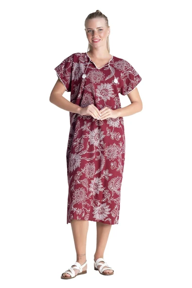 Kısa Kol Şile Bezi Baskılı Uzun Yazlık Elbise Çınar Desen Bordo Brd XL Bordo - Resim 7