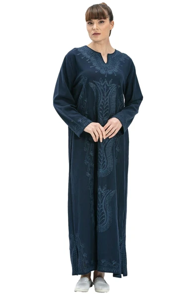 Uzun Kol Şile Bezi Simli Kaftan Midi Boy Yazlık Elbise Lacivert Lcvt XL Lacivert - Resim 7