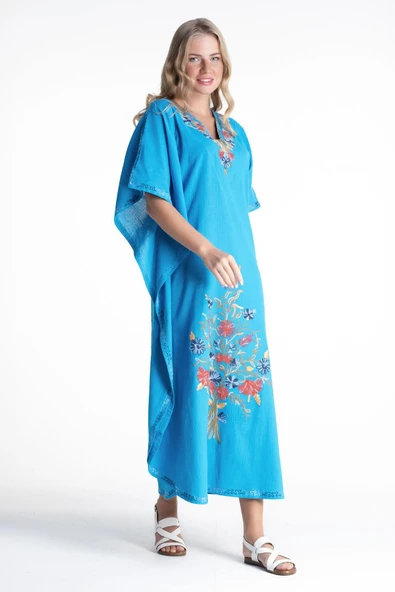 Kısa Kol Şile Bezi Tibet Uzun Yazlık Otantik Elbise Turkuaz Trkz L Turkuaz - Resim 6