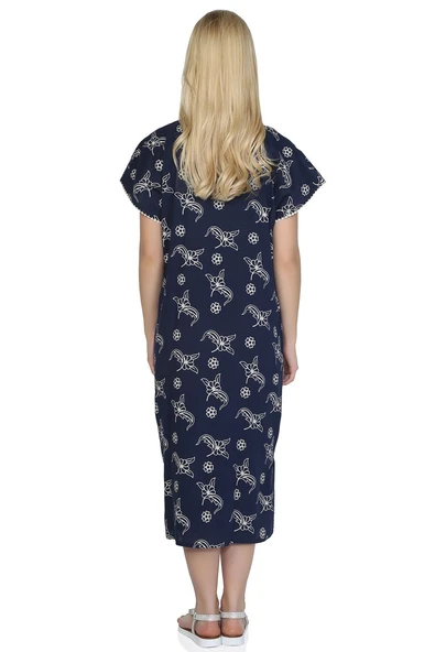 Kısa Kol Şile Bezi Baskılı Midi Boy Yazlık Elbise Serpme Desen Lacivert Lcvt - Resim 2