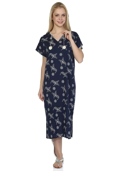 Kısa Kol Şile Bezi Baskılı Midi Boy Yazlık Elbise Serpme Desen Lacivert Lcvt ürün görseli