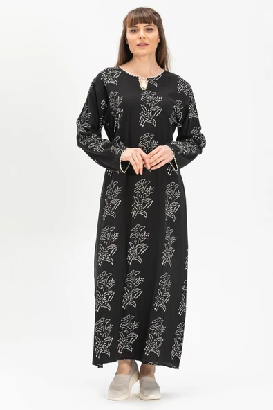 Uzun Kol Şile Bezi Baskılı Uzun Zambak Desen Yazlık Elbise Siyah Syh L Siyah ürün görseli
