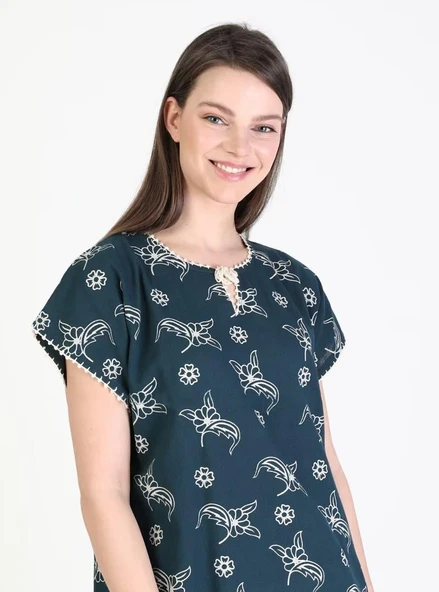 Kısa Kol Şile Bezi Baskılı Midi Boy Yazlık Elbise Serpme Desen Petrol Ptrl L Petrol - Resim 10