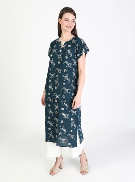Kısa Kol Şile Bezi Baskılı Midi Boy Yazlık Elbise Serpme Desen Petrol Ptrl L Petrol - Resim 8