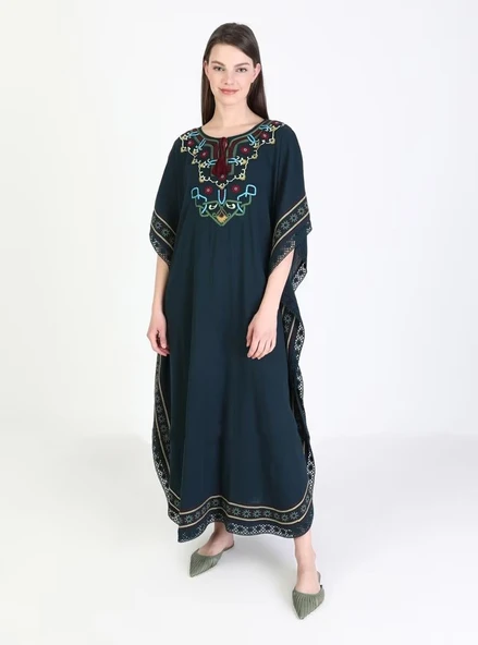 Kısa Kol Şile Bezi Gülseren Uzun Yazlık Otantik Elbise Petrol Ptrl - Resim 9