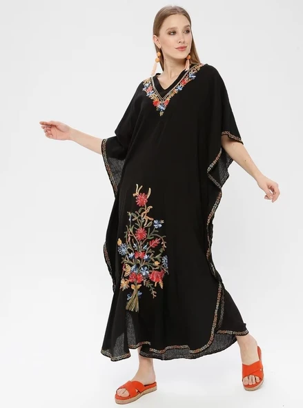 Kısa Kol Şile Bezi Tibet Uzun Yazlık Otantik Elbise Siyah Syh - Resim 11