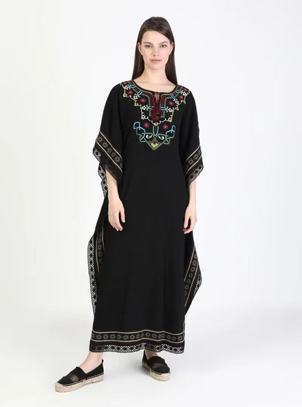 Kısa Kol Şile Bezi Gülseren Uzun Yazlık Otantik Elbise Siyah Syh - Resim 8