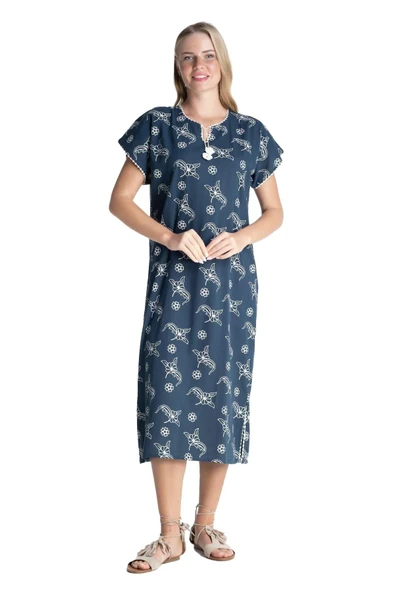 Kısa Kol Şile Bezi Baskılı Midi Boy Yazlık Elbise Serpme Desen Petrol Ptrl L Petrol - Resim 7