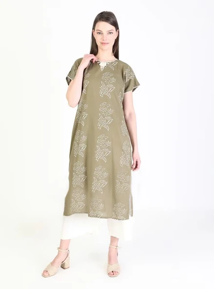 Kısa Kol Şile Bezi Baskılı Zambak Desen Midi Boy Yazlık Elbise Haki Hk - Resim 8