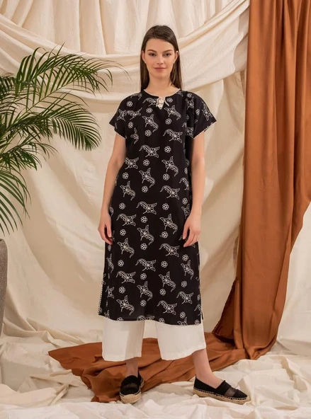 Kısa Kol Şile Bezi Baskılı Midi Boy Yazlık Elbise Serpme Desen Siyah Syh - Resim 6