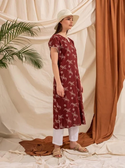 Kısa Kol Şile Bezi Baskılı Midi Boy Yazlık Elbise Serpme Desen Bordo Brd XL Bordo - Resim 6