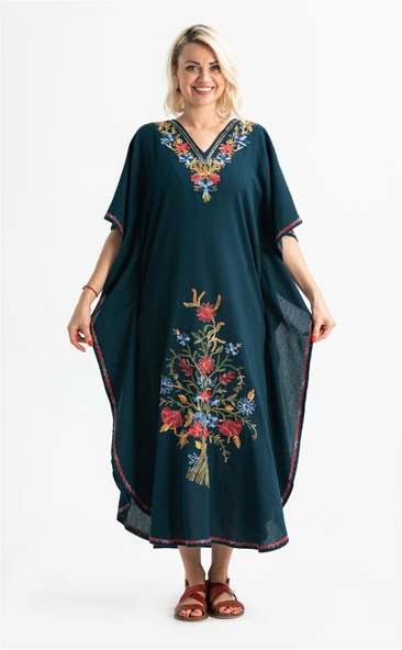 Kısa Kol Şile Bezi Tibet Uzun Yazlık Otantik Elbise Petrol Ptrl M Petrol ürün görseli