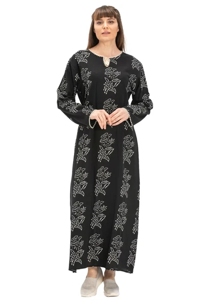 Uzun Kol Şile Bezi Baskılı Uzun Zambak Desen Yazlık Elbise Siyah Syh L Siyah - Resim 6