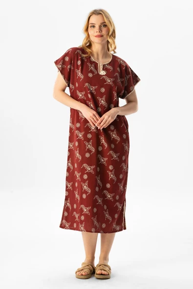 Kısa Kol Şile Bezi Baskılı Midi Boy Yazlık Elbise Serpme Desen Bordo Brd 2XL Bordo - Resim 4