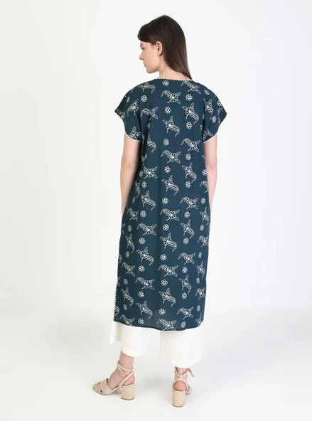 Kısa Kol Şile Bezi Baskılı Midi Boy Yazlık Elbise Serpme Desen Petrol Ptrl - Resim 9