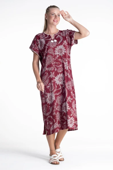 Kısa Kol Şile Bezi Baskılı Uzun Yazlık Elbise Çınar Desen Bordo Brd XL Bordo - Resim 4