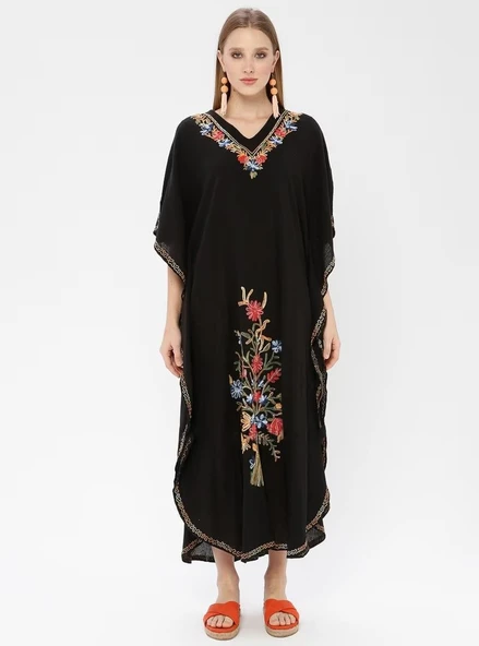 Kısa Kol Şile Bezi Tibet Uzun Yazlık Otantik Elbise Siyah Syh - Resim 9