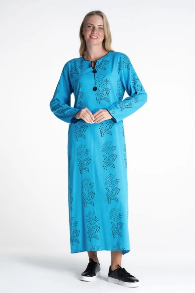 Uzun Kol Şile Bezi Baskılı Uzun Zambak Desen Yazlık Elbise Turkuaz Trkz XL Turkuaz ürün görseli