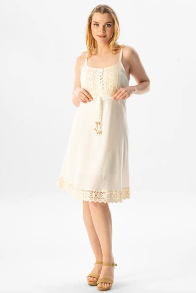 Askılı Şile Bezi Eda Kısa Yazlık Elbise Krem Krm L Krem - Resim 4