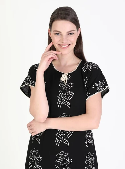 Kısa Kol Şile Bezi Baskılı Zambak Desen Midi Boy Yazlık Elbise Siyah Syh XL Siyah - Resim 10