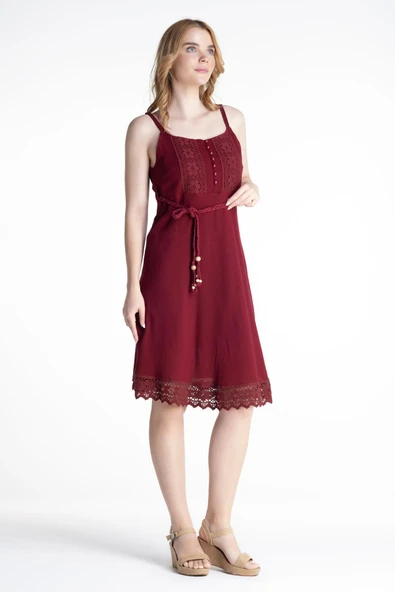 Askılı Şile Bezi Eda Kısa Yazlık Elbise Bordo Brd XS Bordo - Resim 5