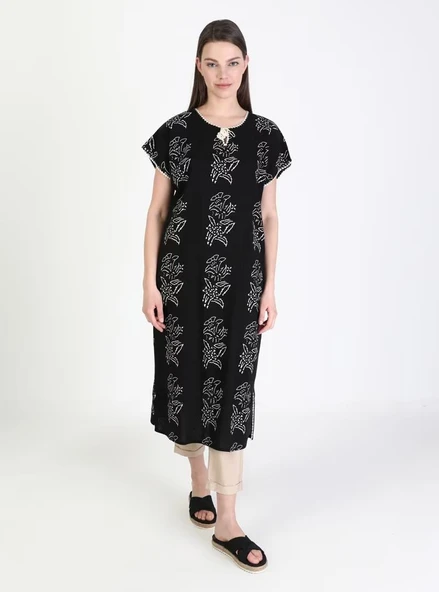 Kısa Kol Şile Bezi Baskılı Zambak Desen Midi Boy Yazlık Elbise Siyah Syh XL Siyah - Resim 7