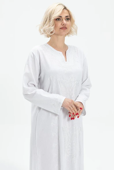 Uzun Kol Şile Bezi Simli Kaftan Midi Boy Yazlık Elbise Beyaz Byz 3XL Beyaz - Resim 3