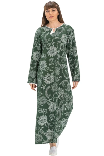 Uzun Kol Şile Bezi Baskılı Uzun Yazlık Elbise Çınar Desen Yeşil Ysl 2XL Yeşil - 7