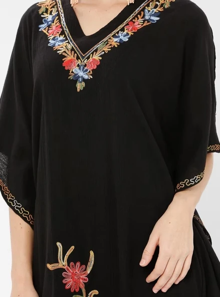 Kısa Kol Şile Bezi Tibet Uzun Yazlık Otantik Elbise Siyah Syh - Resim 12