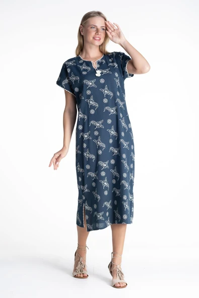 Kısa Kol Şile Bezi Baskılı Midi Boy Yazlık Elbise Serpme Desen Petrol Ptrl L Petrol - Resim 5