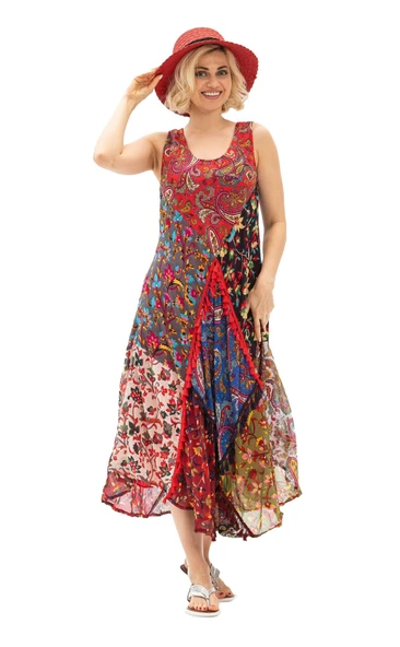 Kolsuz Vual Peçvörk Uzun Yazlık Otantik Elbise Kırmızı Krmz 2XL Kırmızı - Resim 7