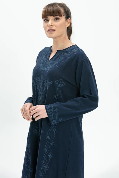 Uzun Kol Şile Bezi Simli Kaftan Midi Boy Yazlık Elbise Lacivert Lcvt L Lacivert - Resim 3