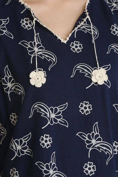 Kısa Kol Şile Bezi Baskılı Midi Boy Yazlık Elbise Serpme Desen Lacivert Lcvt - Resim 4