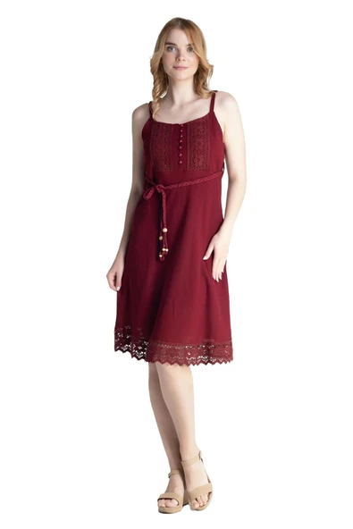 Askılı Şile Bezi Eda Kısa Yazlık Elbise Bordo Brd XS Bordo - Resim 7