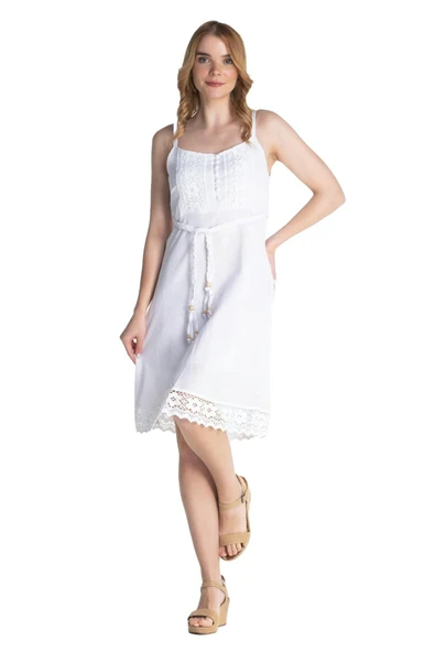 Askılı Şile Bezi Eda Kısa Yazlık Elbise Beyaz Byz XS Beyaz - Resim 7