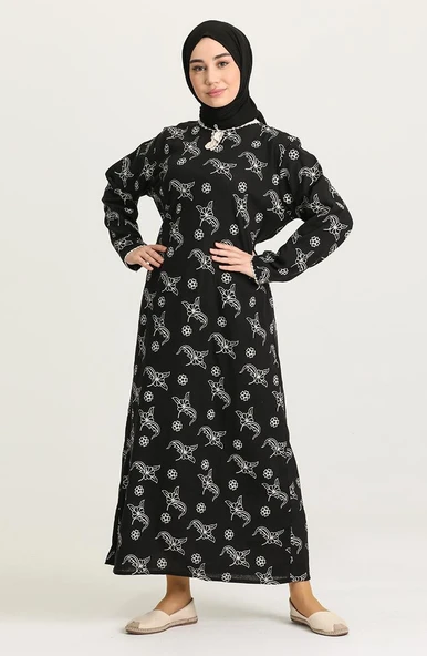 Uzun Kol Şile Bezi Baskılı Uzun Zambak Desen Yazlık Elbise Siyah Syh L Siyah - Resim 7