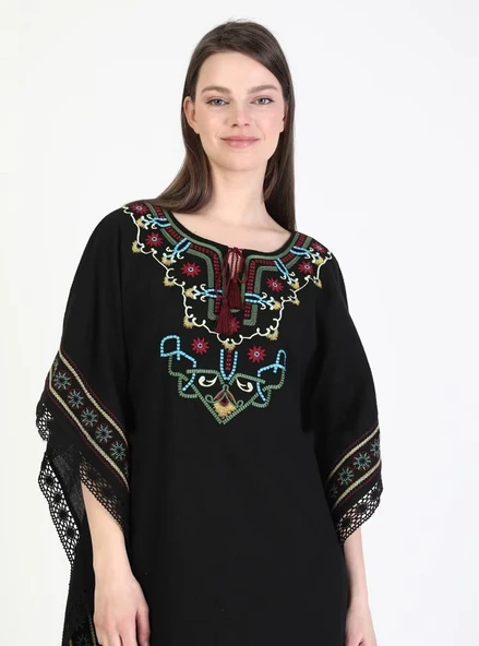 Kısa Kol Şile Bezi Gülseren Uzun Yazlık Otantik Elbise Siyah Syh - Resim 9